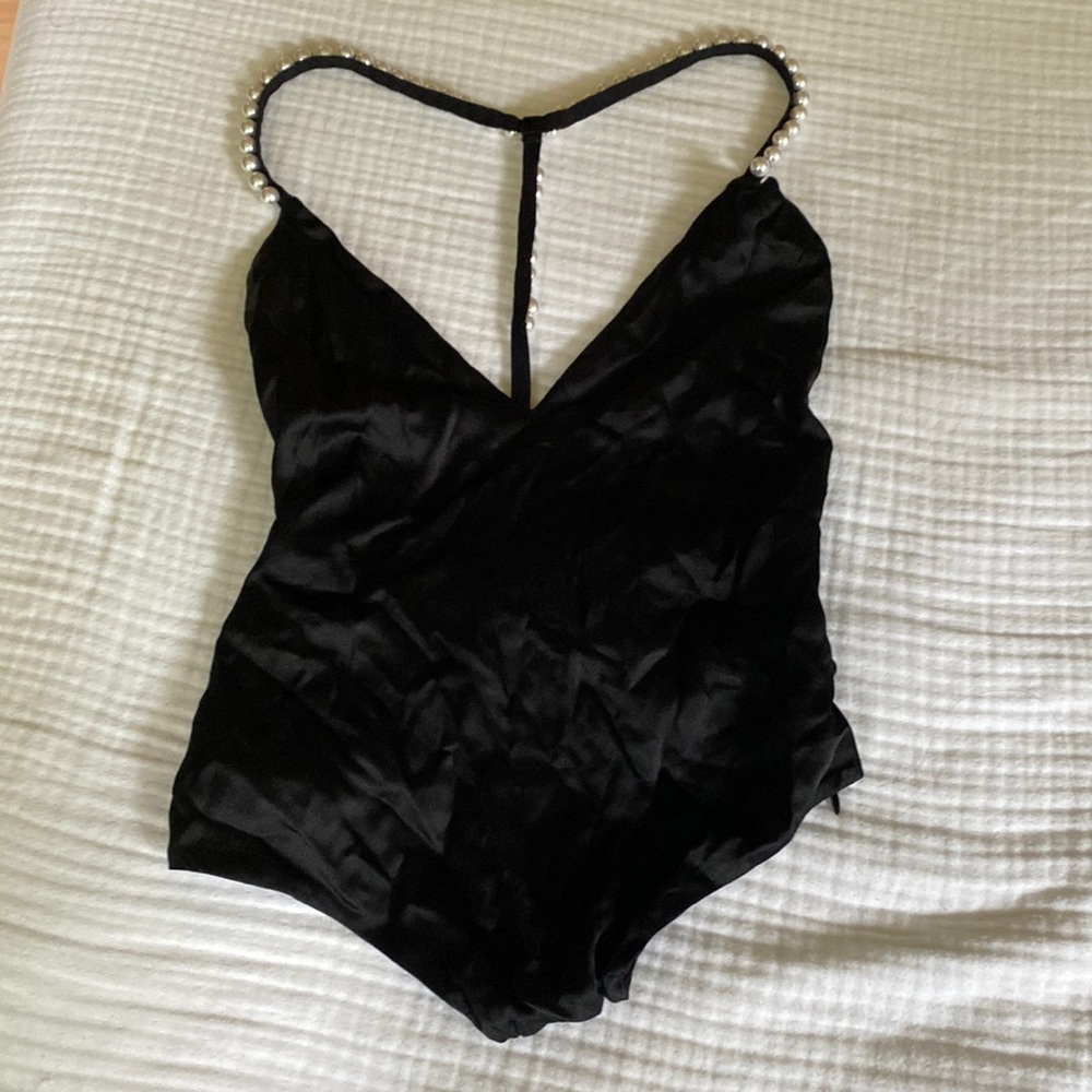 Black Bathing Suit with Pearl Detail